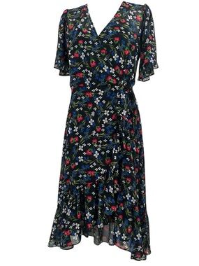 Calvin Klein Black Floral Faux Wrap Midi Dress Flutter Sleeves Cottagecore 10